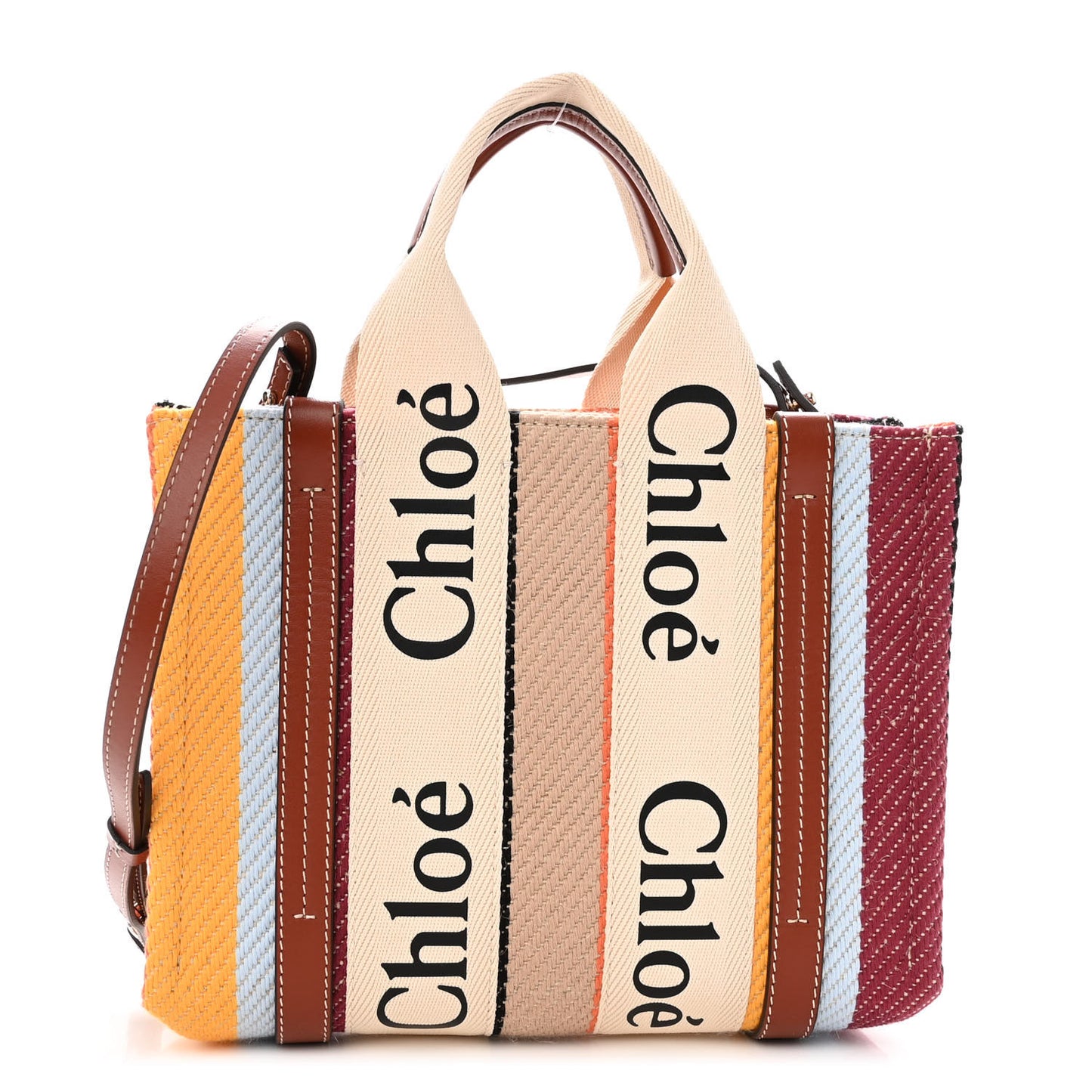Cotton Calfskin Small Woody Striped Ribbon Tote Multicolor