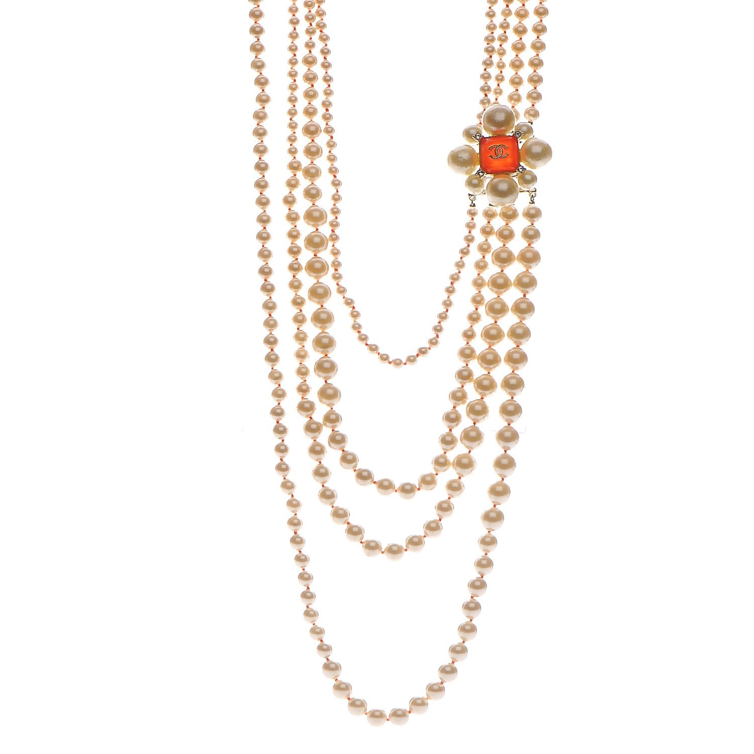 Chanel Pearl Crystal Gripoix CC Multi Strand Necklace Orange Gold 1 of 7