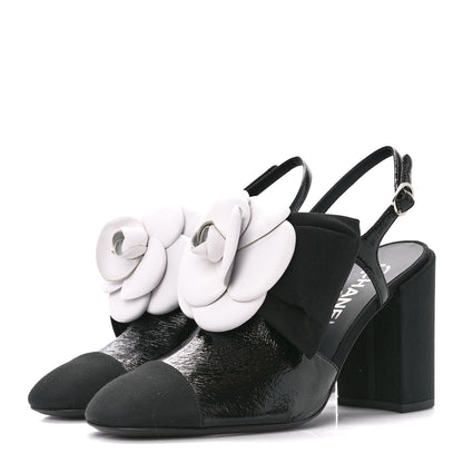 Chanel Crumpled Shiny Fabric Grosgrain Cap Toe Camellia Bow Slingback Pumps 37 Black 3 of 9