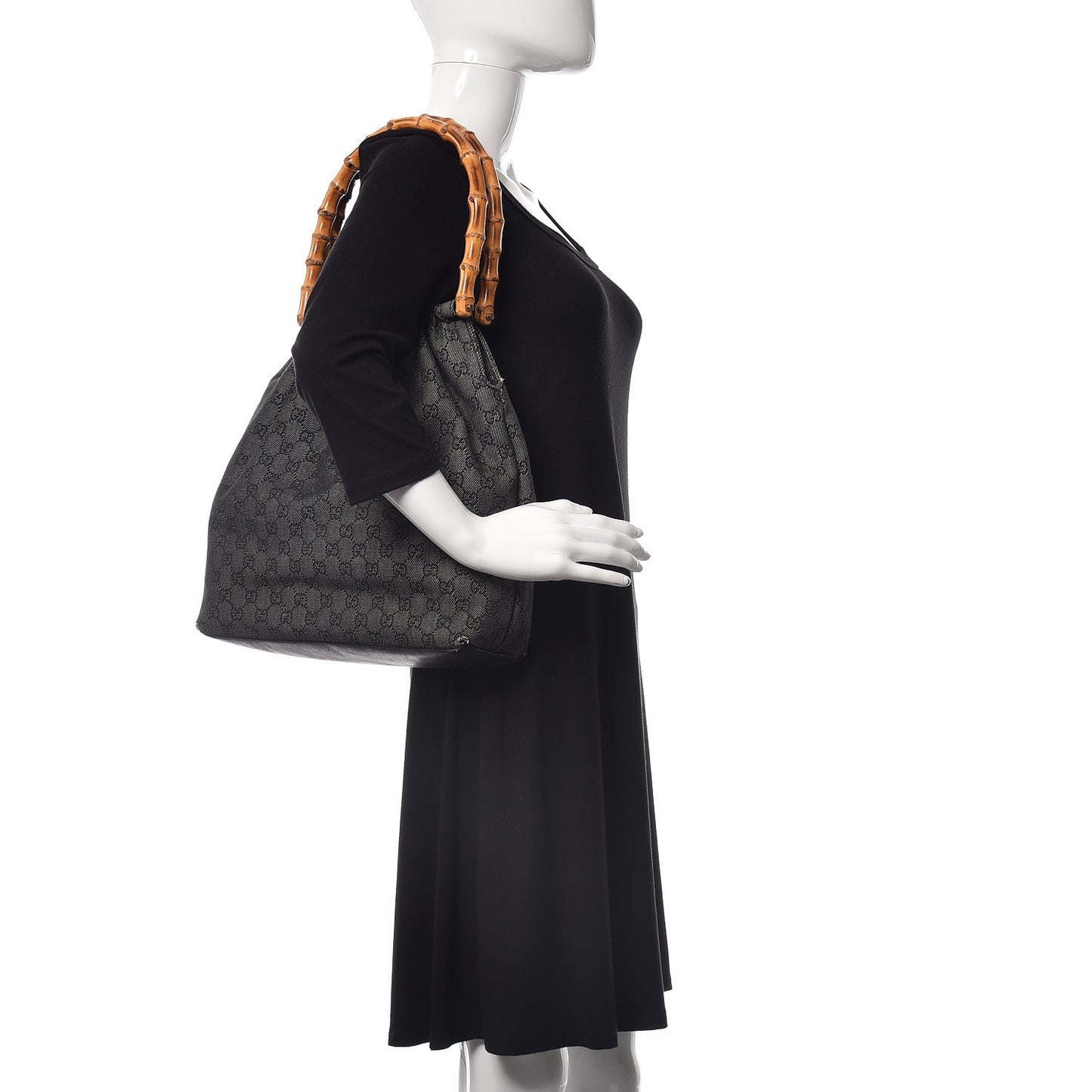 Denim Monogram Bamboo Top Handle Tote Black