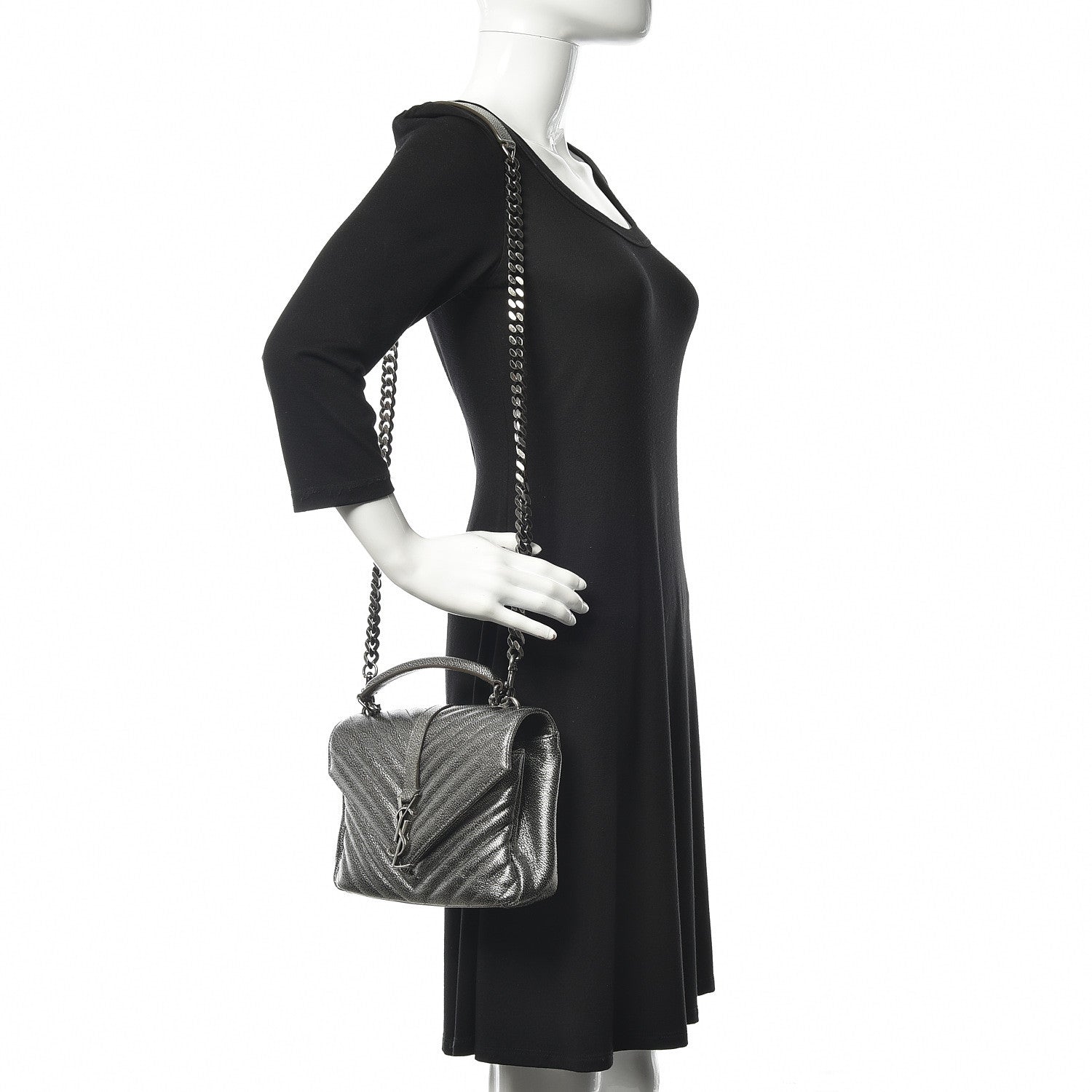 Saint Laurent Metallic Grain De Poudre Matelasse Chevron Monogram Medium College Bag Gunmetal 2 of 10