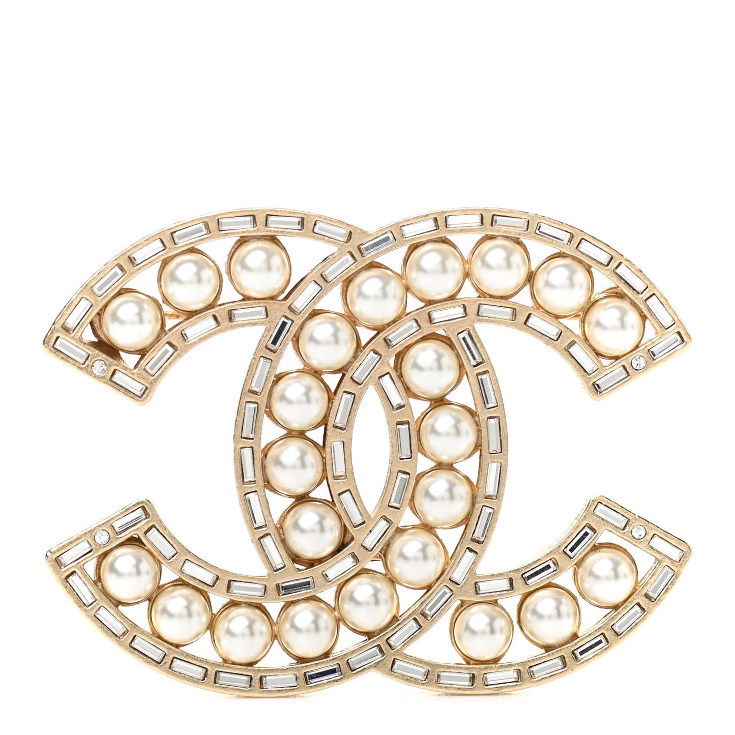 Crystal Baguette Pearl CC Brooch Gold