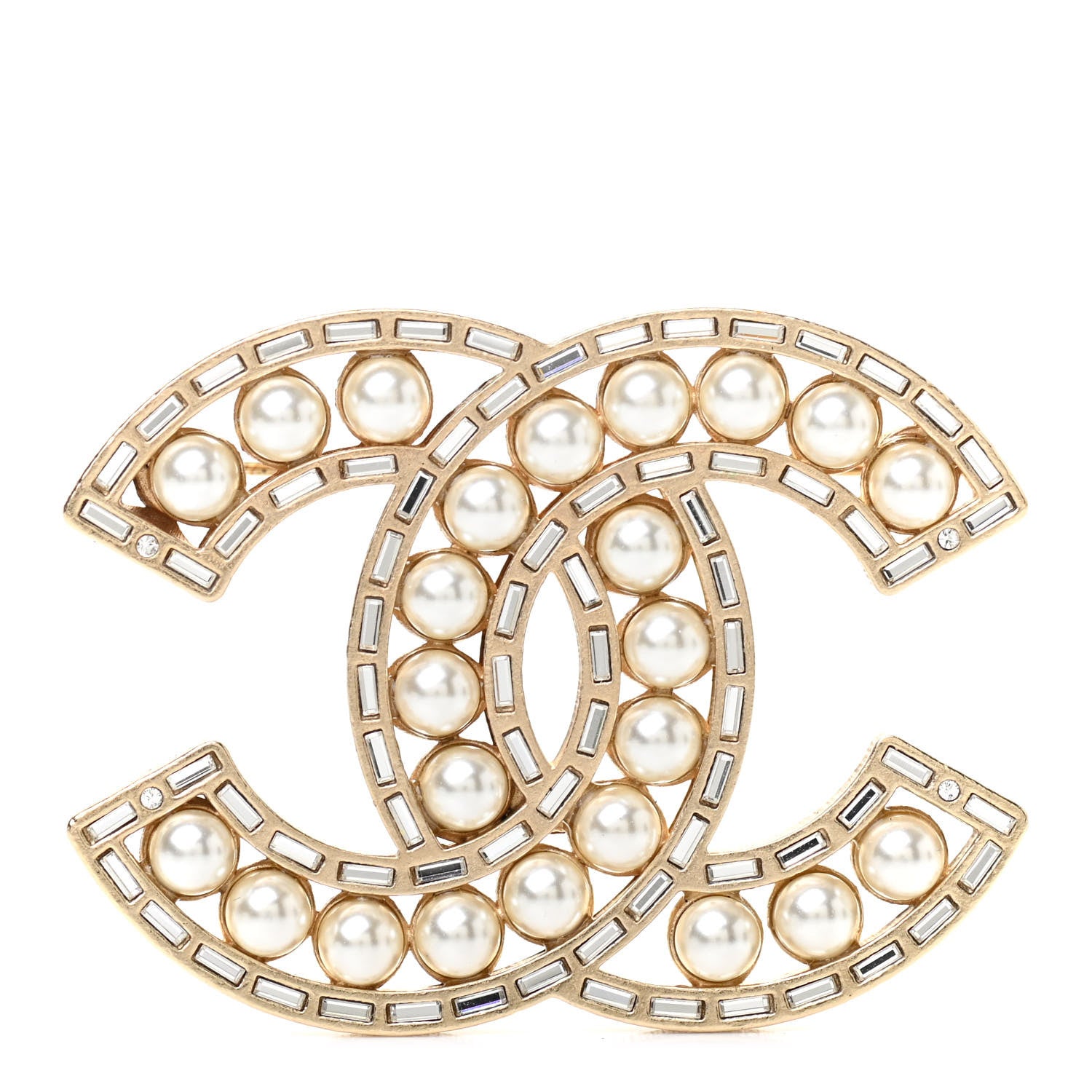 Chanel Crystal Baguette Pearl CC Brooch Gold 1 of 4