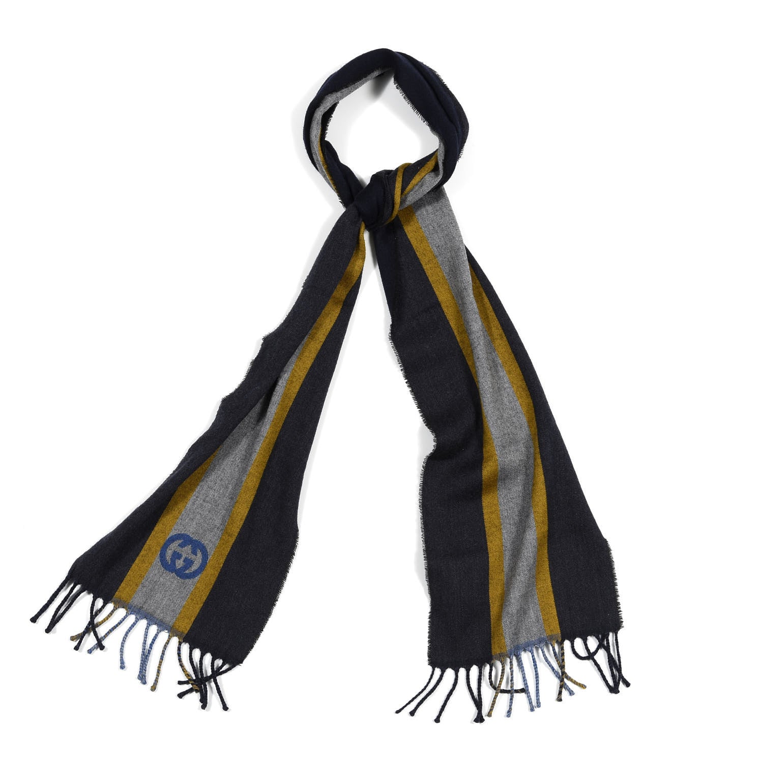Gucci Wool Web GG Reversible Fringe Scarf Navy Light Grey 1 of 3