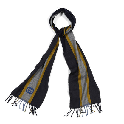 Gucci Wool Web GG Reversible Fringe Scarf Navy Light Grey 1 of 3