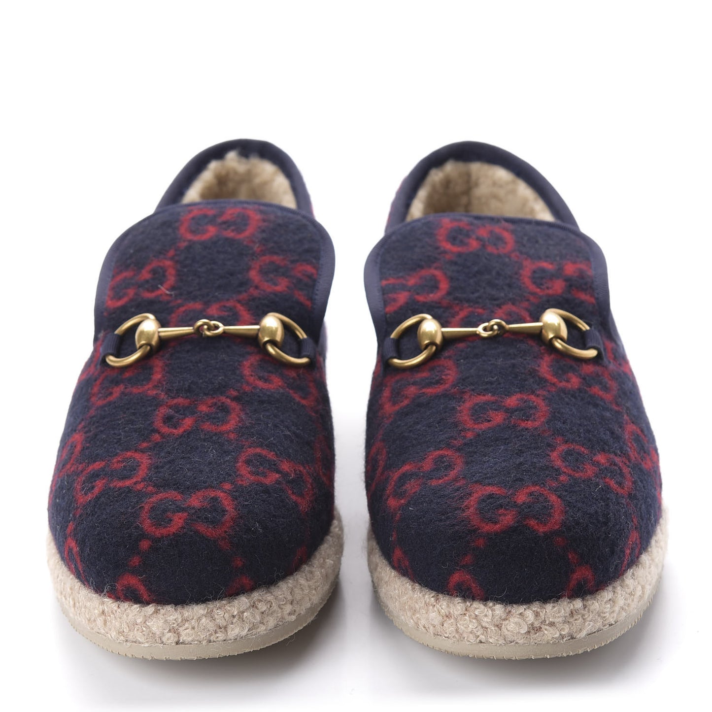 Covered Wool GG Monogram Womens Fria Horsebit Loafers 40.5 Blue Red Butterscotch