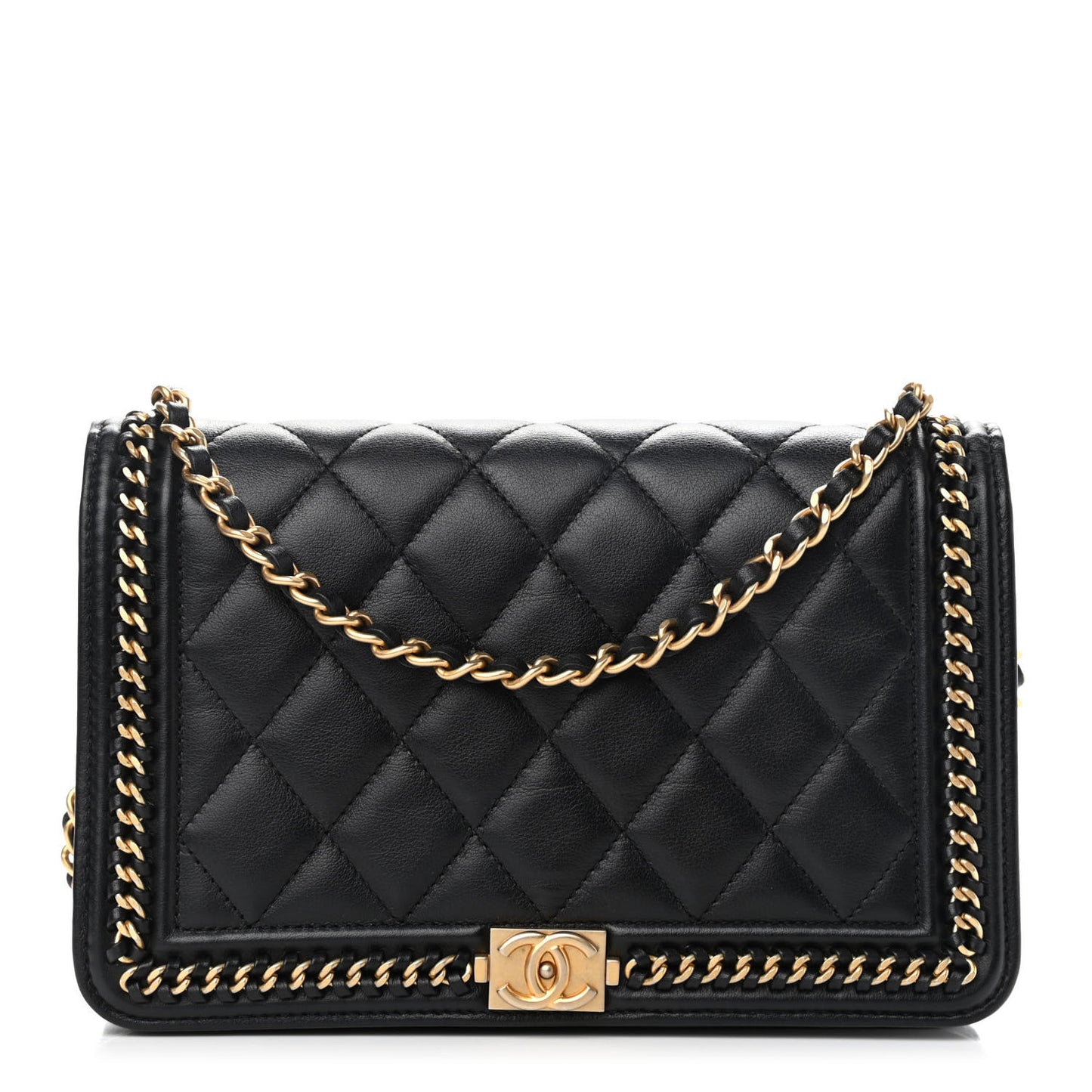 Calfskin Quilted Chain Around Boy Wallet On Chain WOC Black