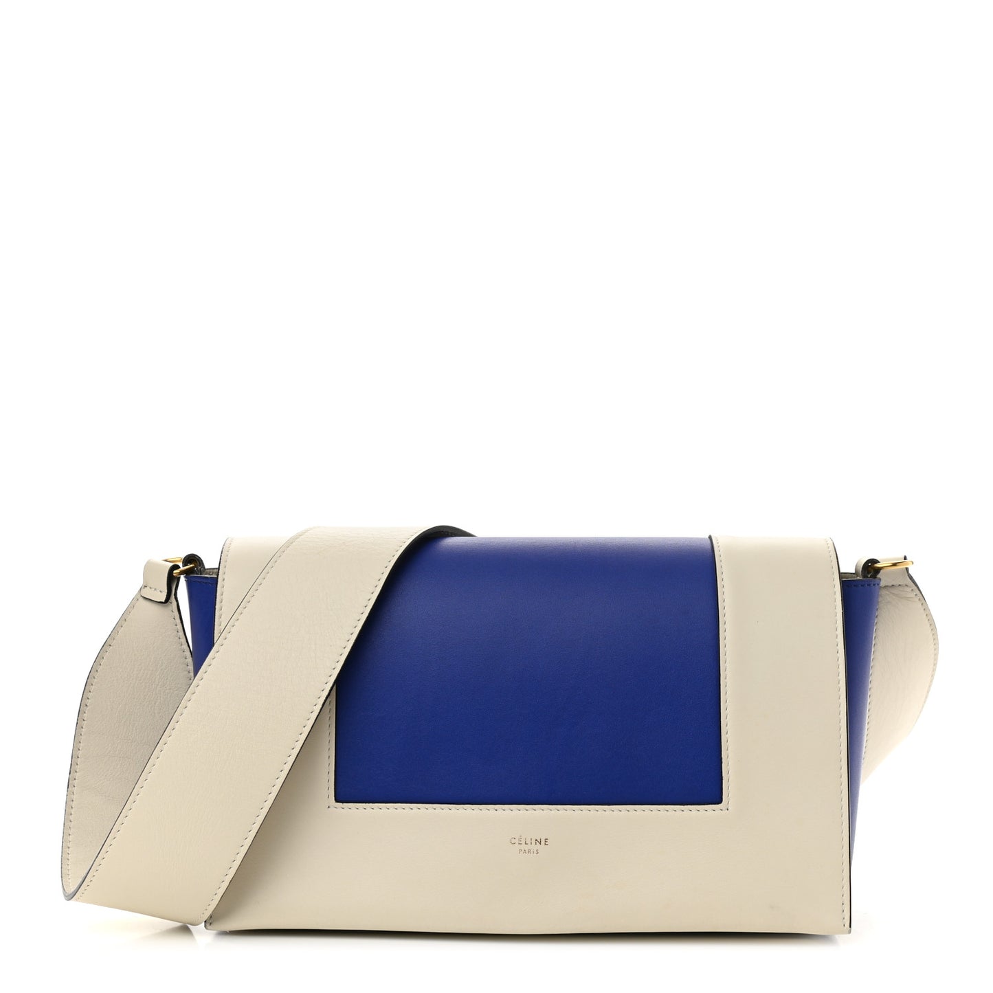 Shiny Smooth Calfskin Medium Frame Shoulder Bag Ivory Royal Blue