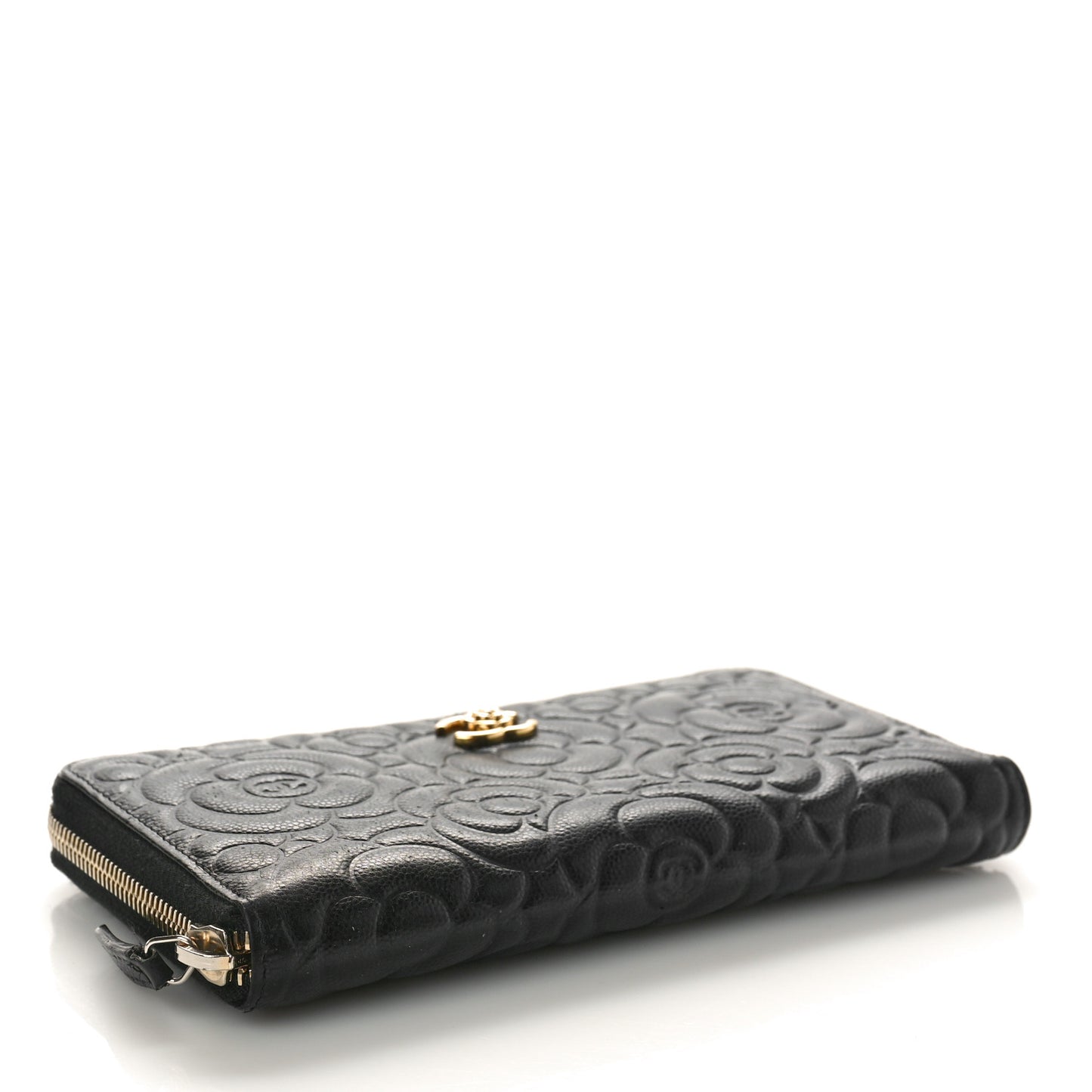 Caviar Camellia Embossed Large Zip Around Gusset Wallet Black