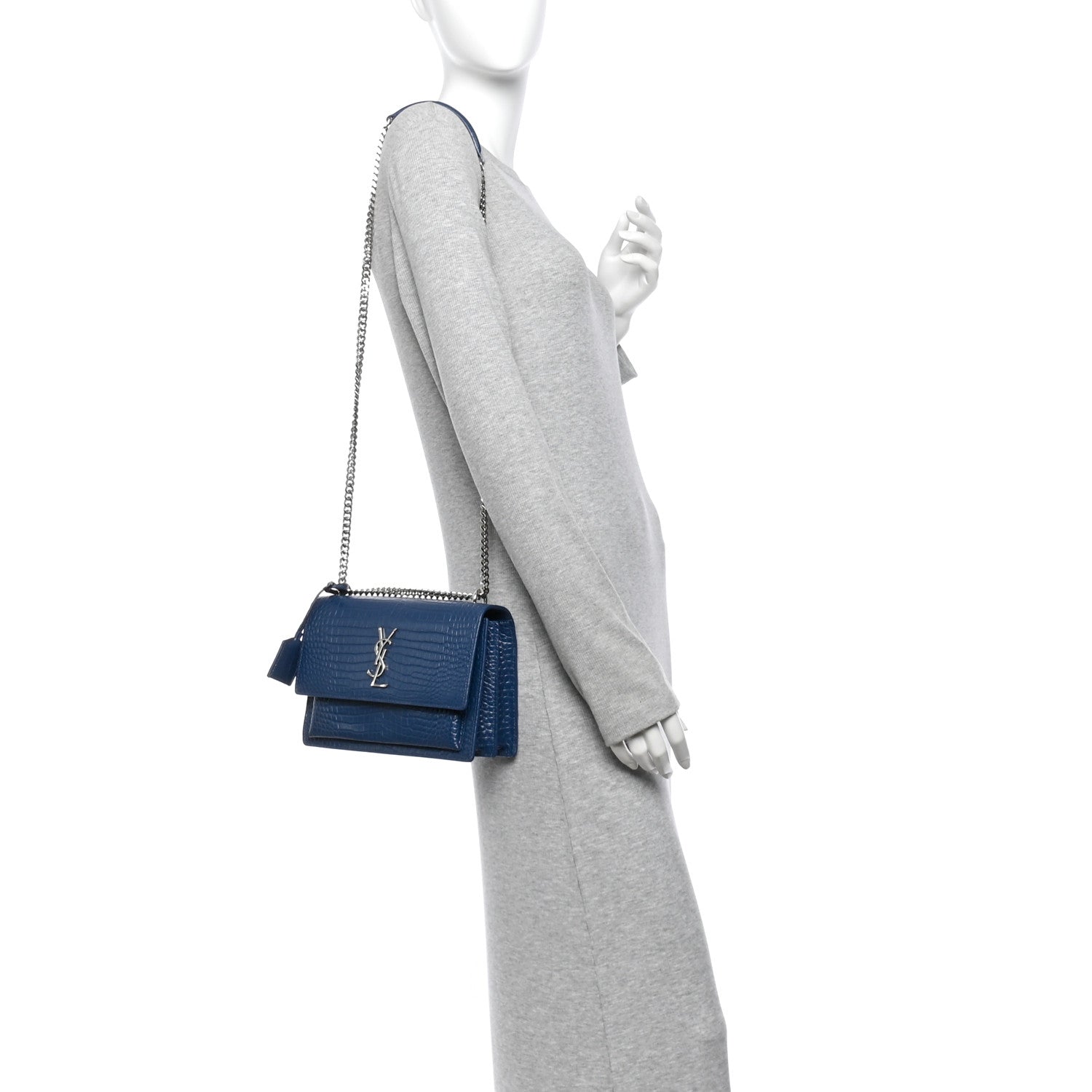 Saint Laurent Calfskin Crocodile Embossed Medium Monogram Sunset Navy 2 of 12