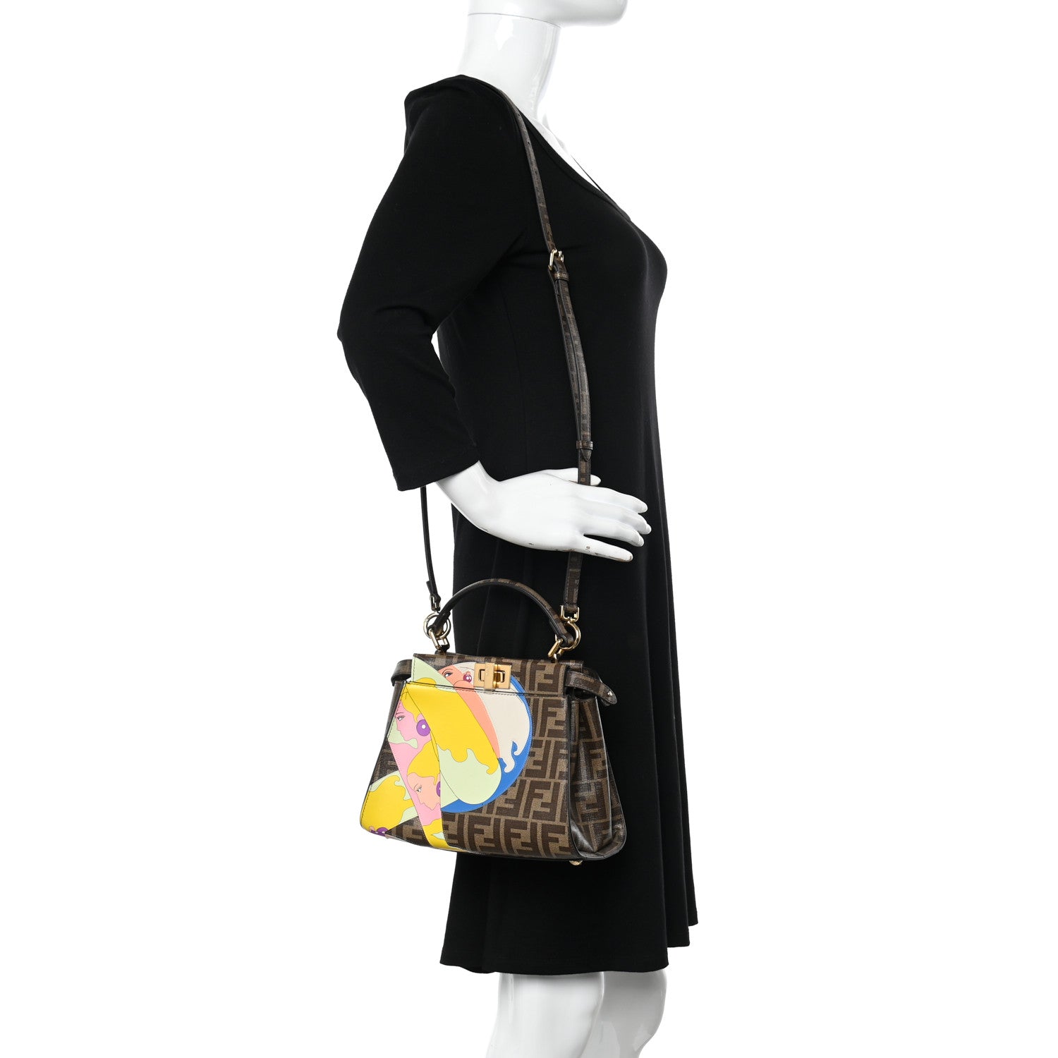 Fendi Glazed Fabric Vitello FF 1974 Hairdo Girls Inlay Mini Peekaboo Iconic Satchel Mogano Panna Multicolor 3 of 11