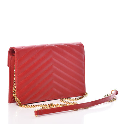 Saint Laurent Grain De Poudre Matelasse Chevron Monogram Envelope Chain Wallet New Red 3 of 9