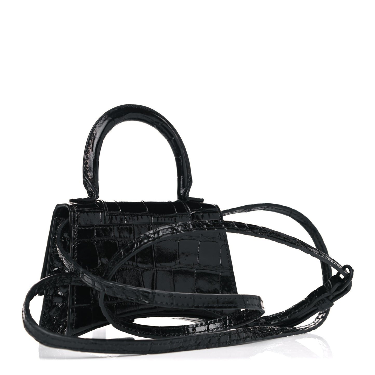 Shiny Calfskin Monochrome Crocodile Embossed Hourglass Top Handle Bag Mini Black