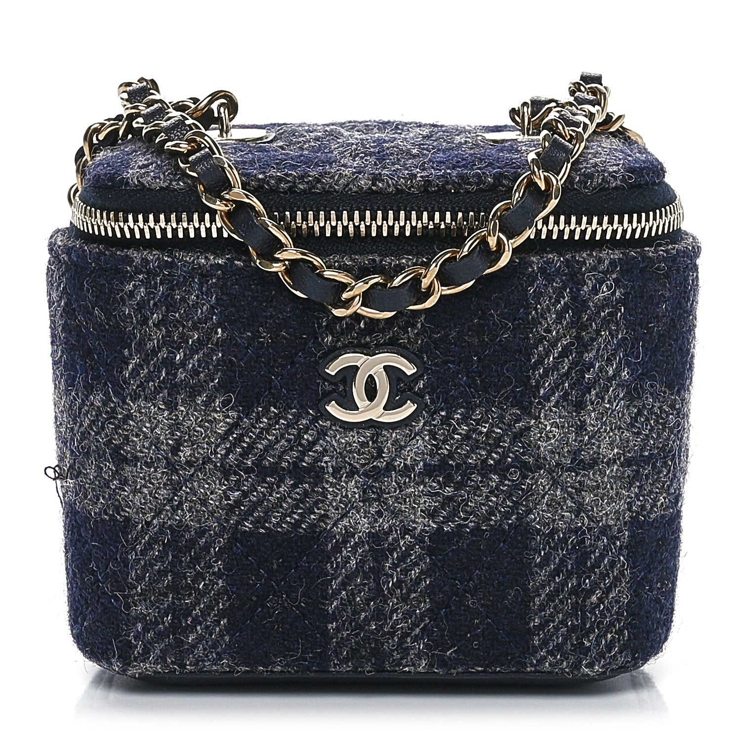 Chanel Wool Plaid Quilted Mini Vanity Case With Chain Blue 1 of 12