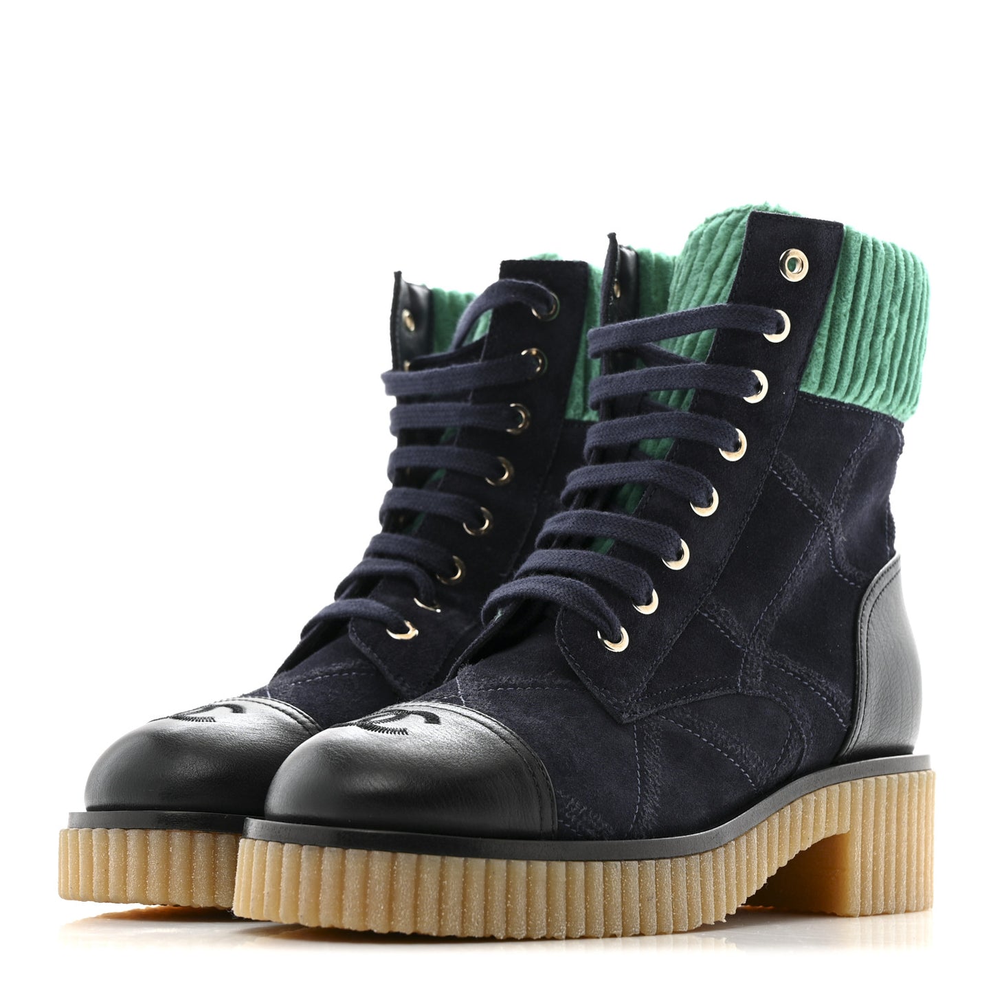 Suede Calfskin Velvet Quilted CC Combat Boots 36 Navy Green Black