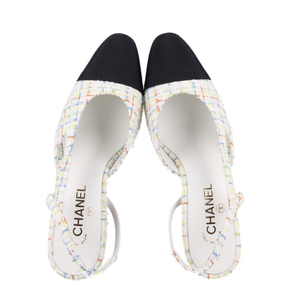 Chanel Tweed Grosgrain Cap Toe CC Slingback Pumps 40 White Multicolor 2 of 11