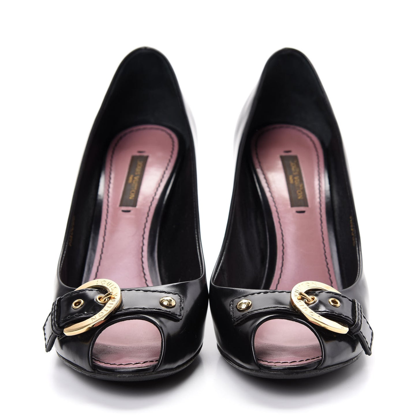 Smooth Calfskin Buckle Peep Toe Pumps 36.5 Black
