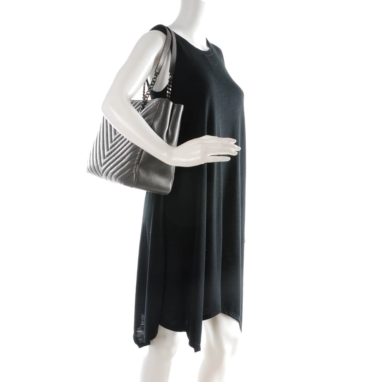 Sheepskin Matelasse Chevron Large Monogram Shopping Bag Light Coal