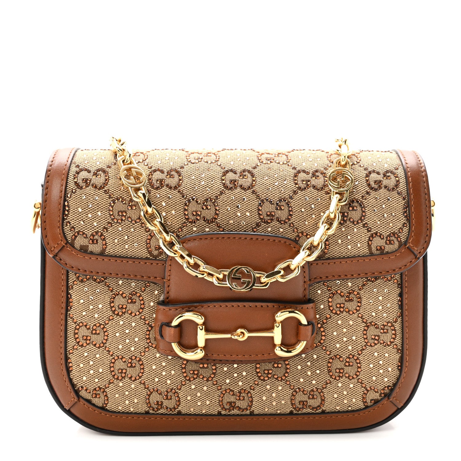 Gucci New Canvas Charisma Calfskin Crystal GG Monogram Mini Horsebit 1955 Shoulder Bag Camel Ebony 1 of 11