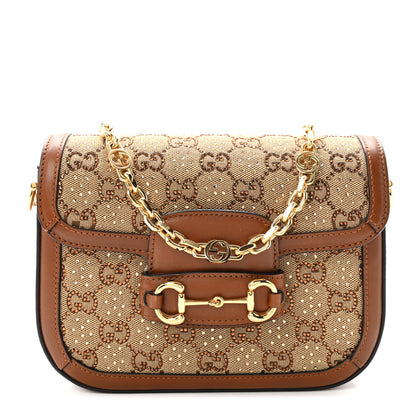 Gucci New Canvas Charisma Calfskin Crystal GG Monogram Mini Horsebit 1955 Shoulder Bag Camel Ebony 1 of 11