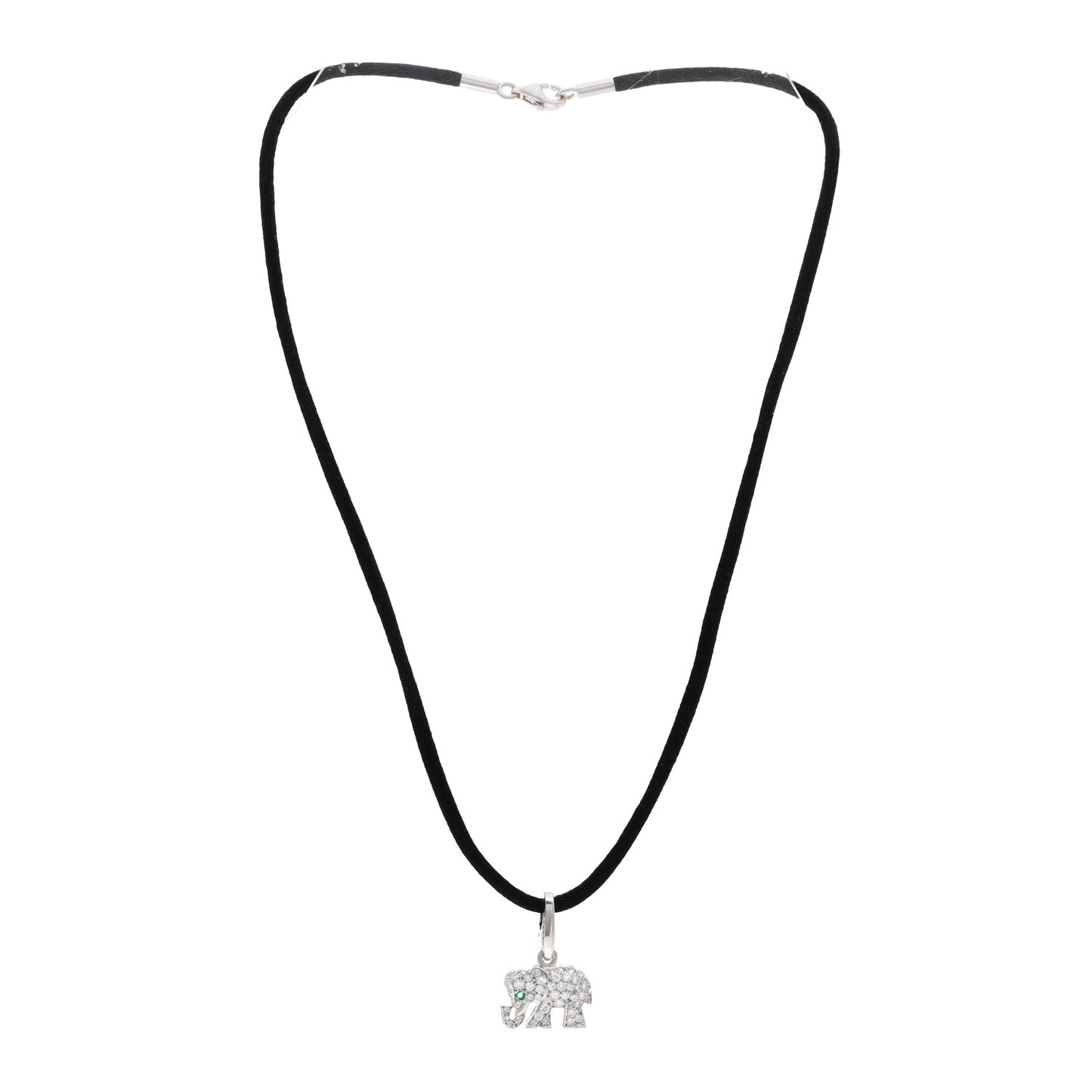 18K White Gold Diamond Emerald Elephant Charm Cord Necklace Black