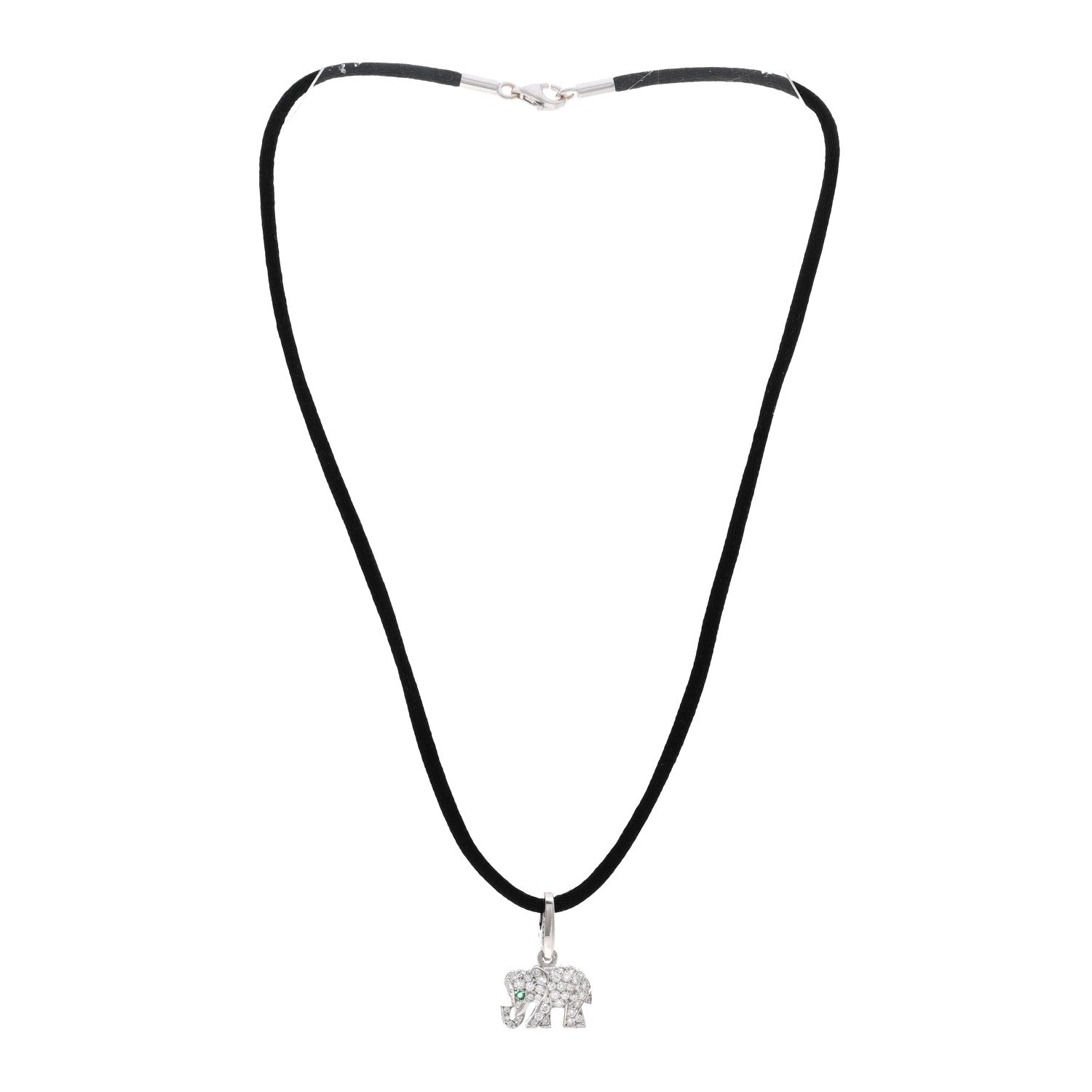 Cartier 18K White Gold Diamond Emerald Elephant Charm Cord Necklace Black 3 of 4