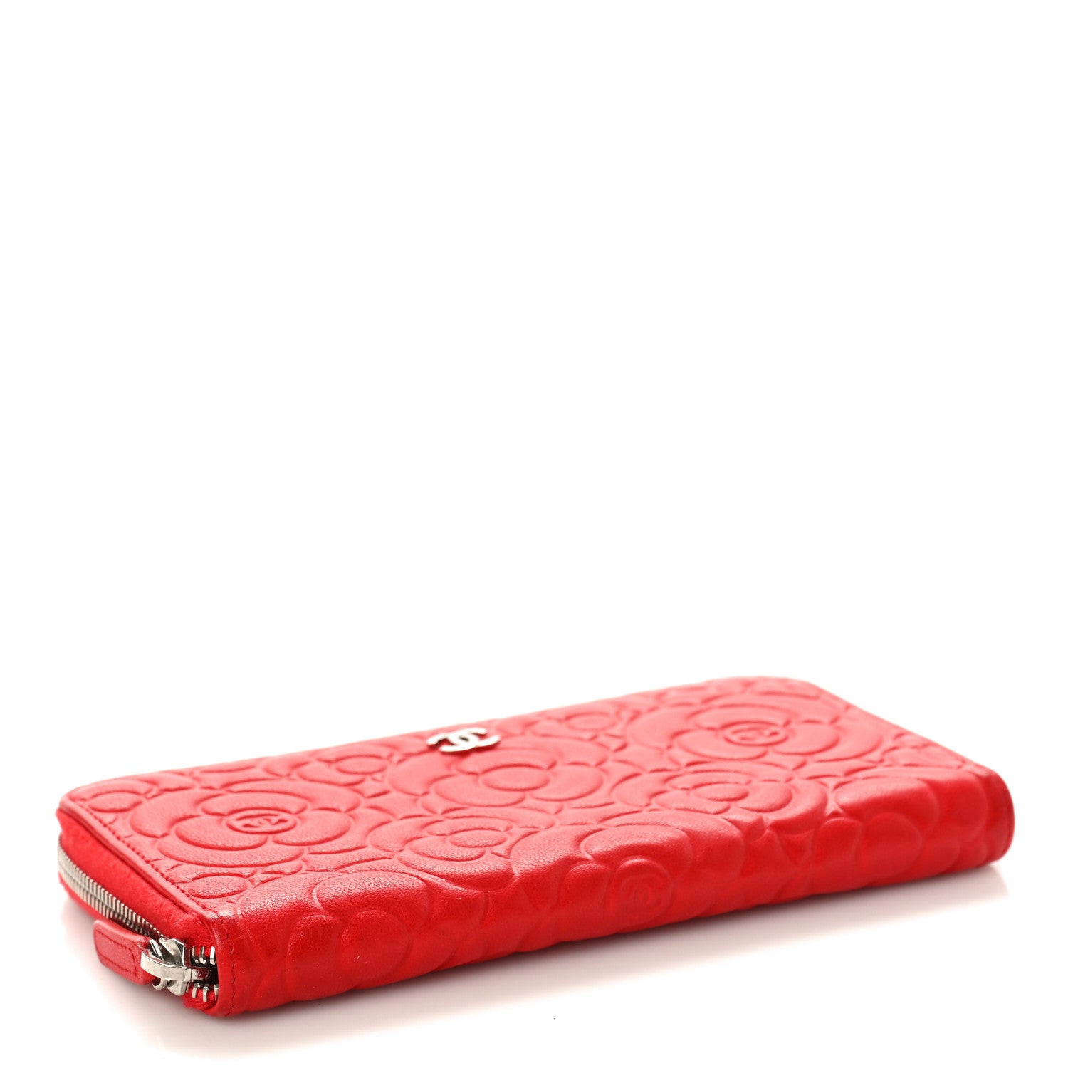 Chanel Lambskin Camellia Embossed Large Zip Around Gusset Wallet Red 4 of 9