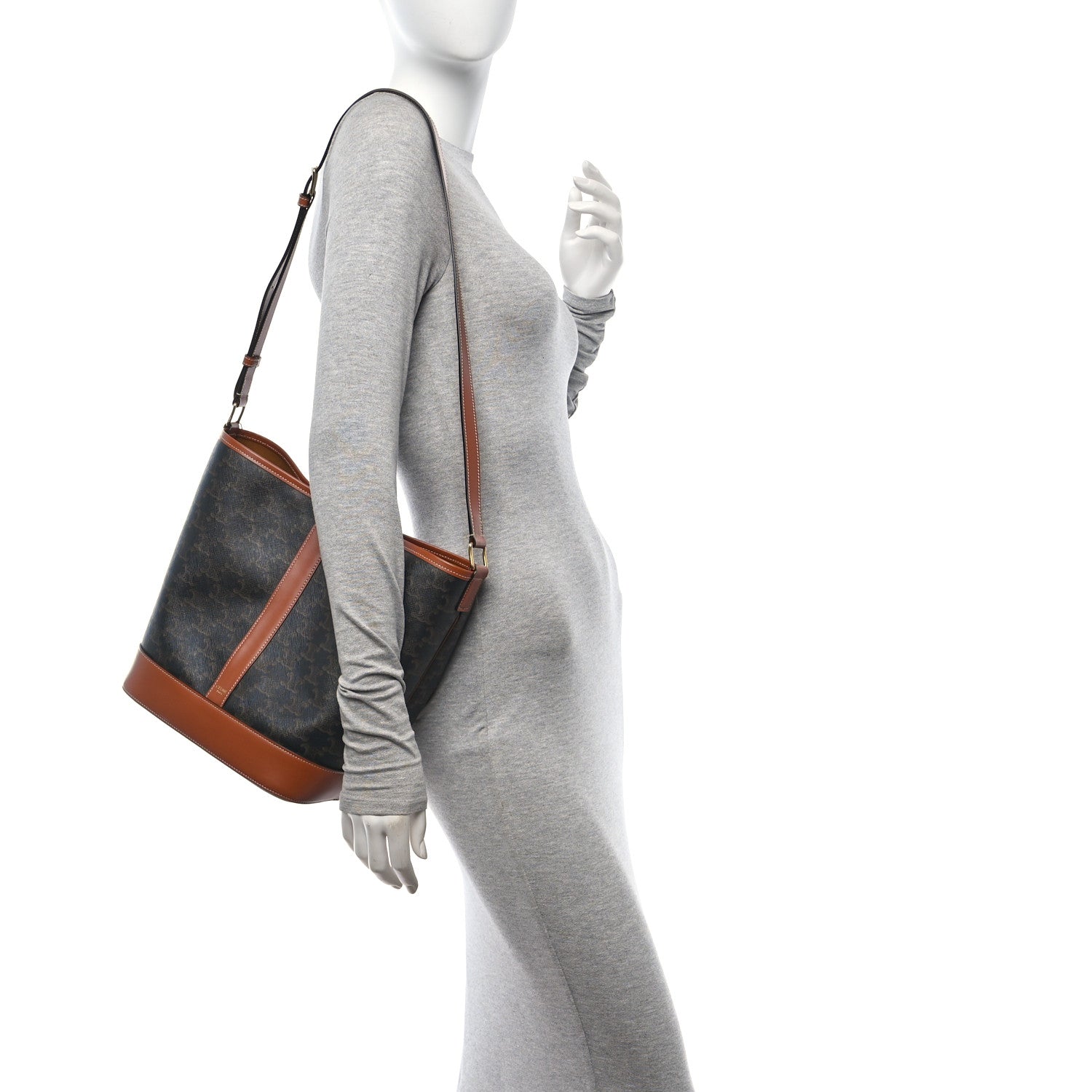 Celine Triomphe Canvas Calfskin Medium Bucket Bag Tan 2 of 10