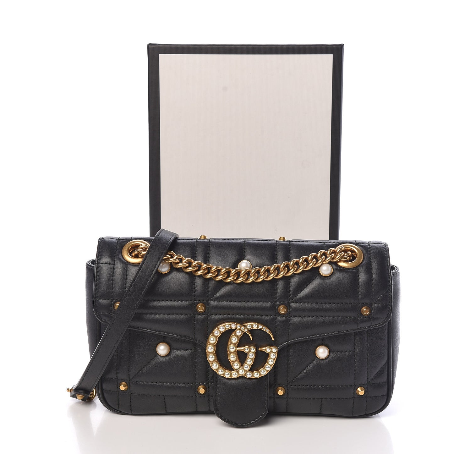 Calfskin Matelasse Studded Small Pearly GG Marmont Shoulder Bag Black