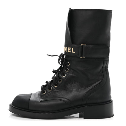 Chanel Shiny Calfskin Lace Up Combat Boots 40 Black 1 of 9