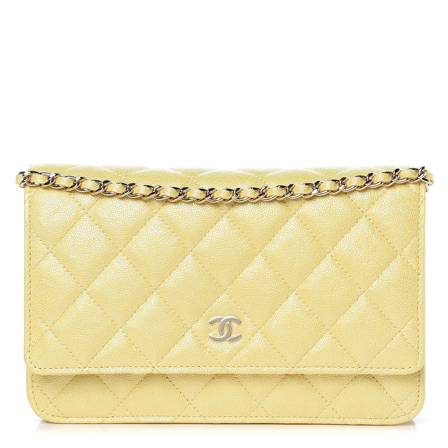 Iridescent Caviar Quilted Wallet on Chain WOC Yellow