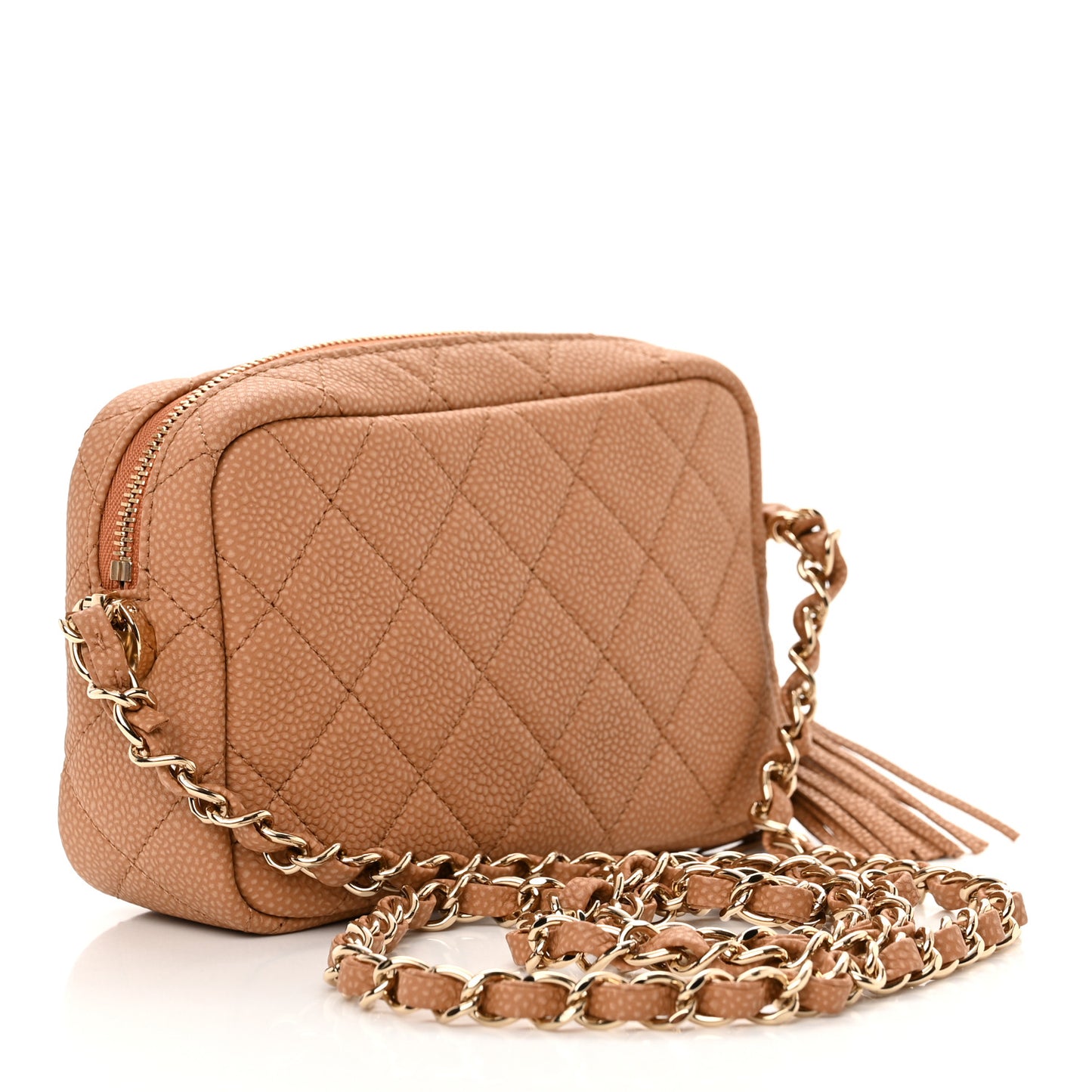 Caviar Quilted Mini Coco Tassel Camera Case Beige