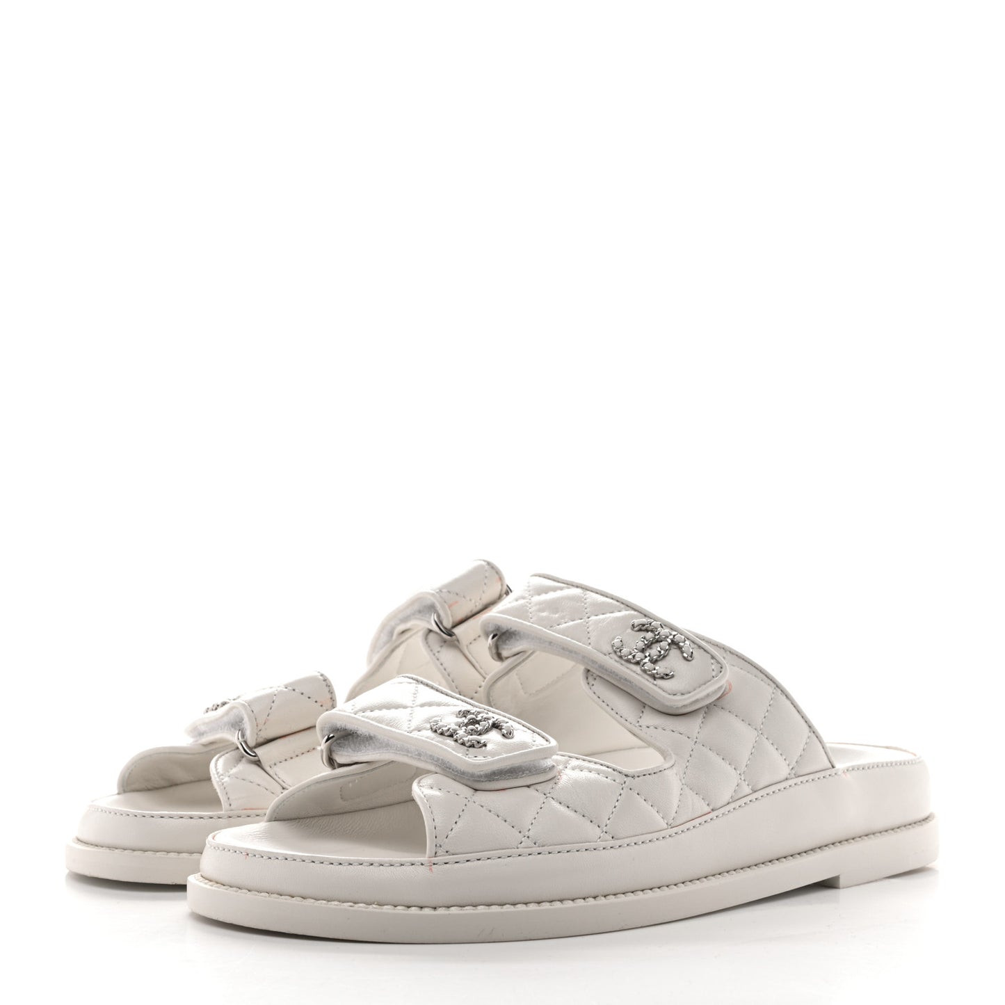 Lambskin Quilted Velcro Dad Chain CC Slide Sandals 38 White