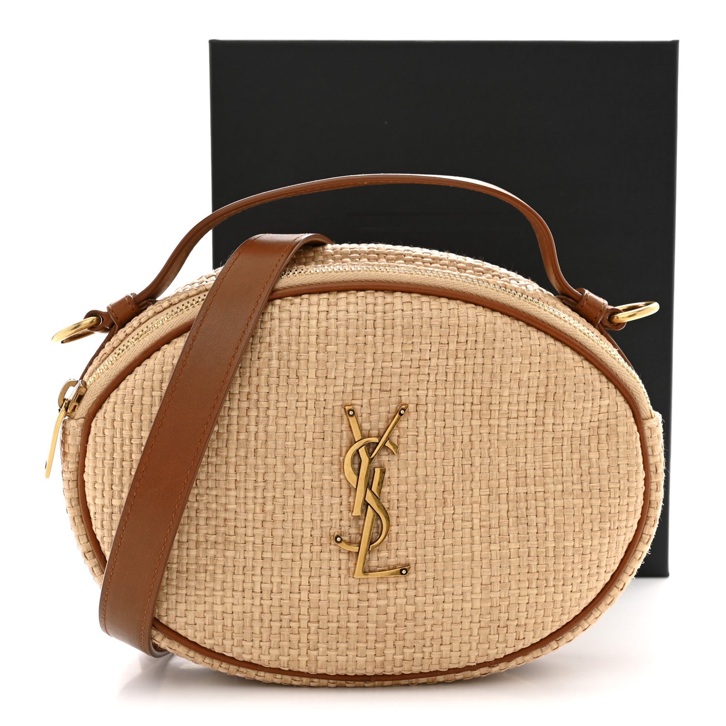Raffia Calfskin Round Camera Bag Golden Ecru Brick