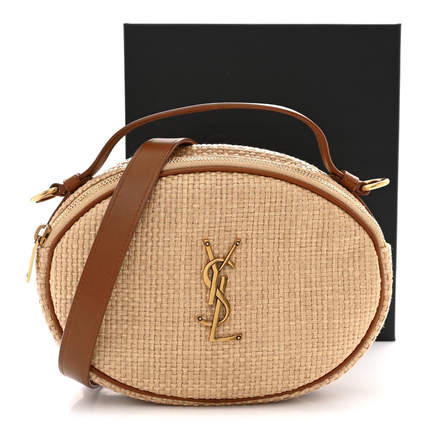 Saint Laurent Raffia Calfskin Round Camera Bag Golden Ecru Brick 11 of 11
