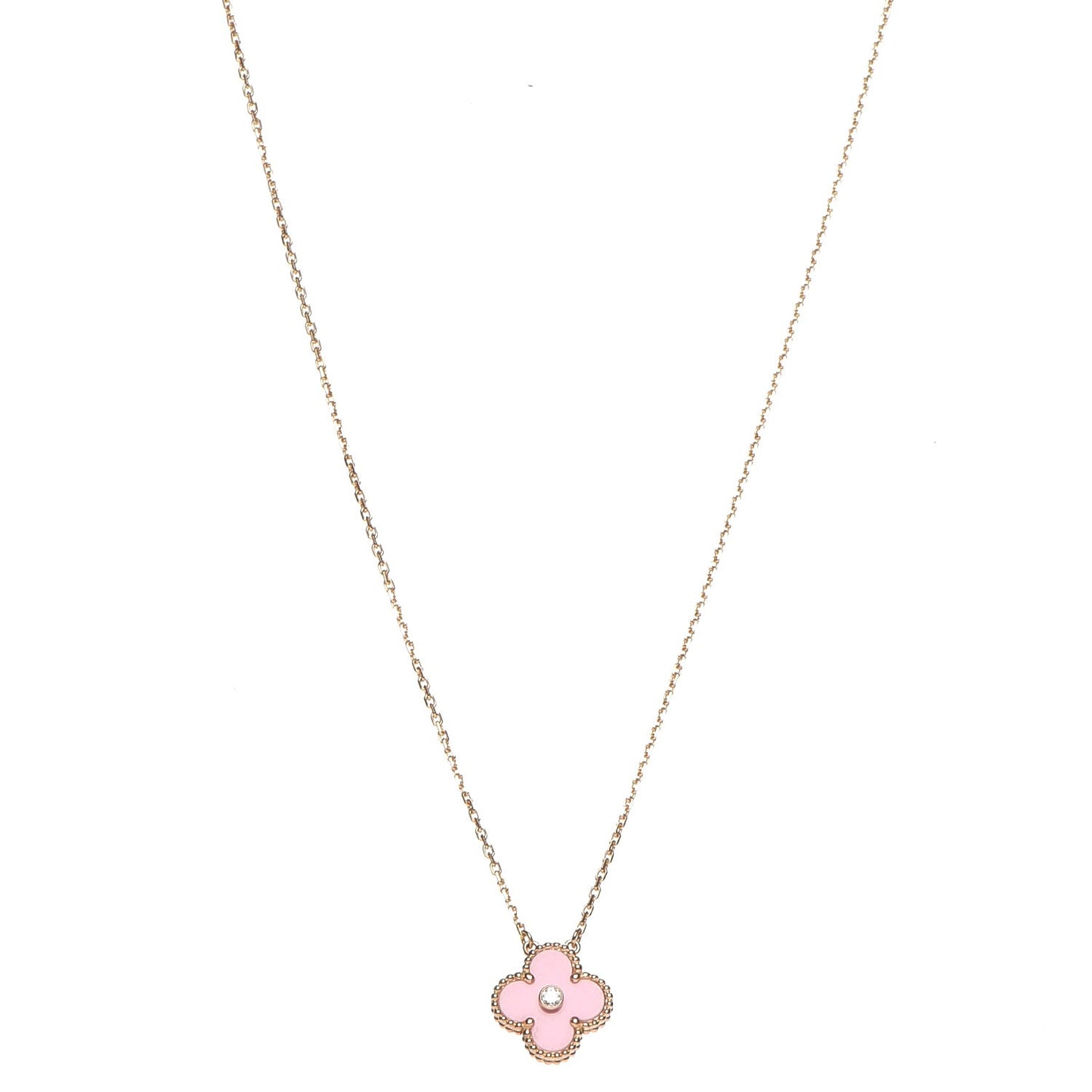 18K Rose Gold Diamond Pink Porcelain Vintage Alhambra Pendant Necklace