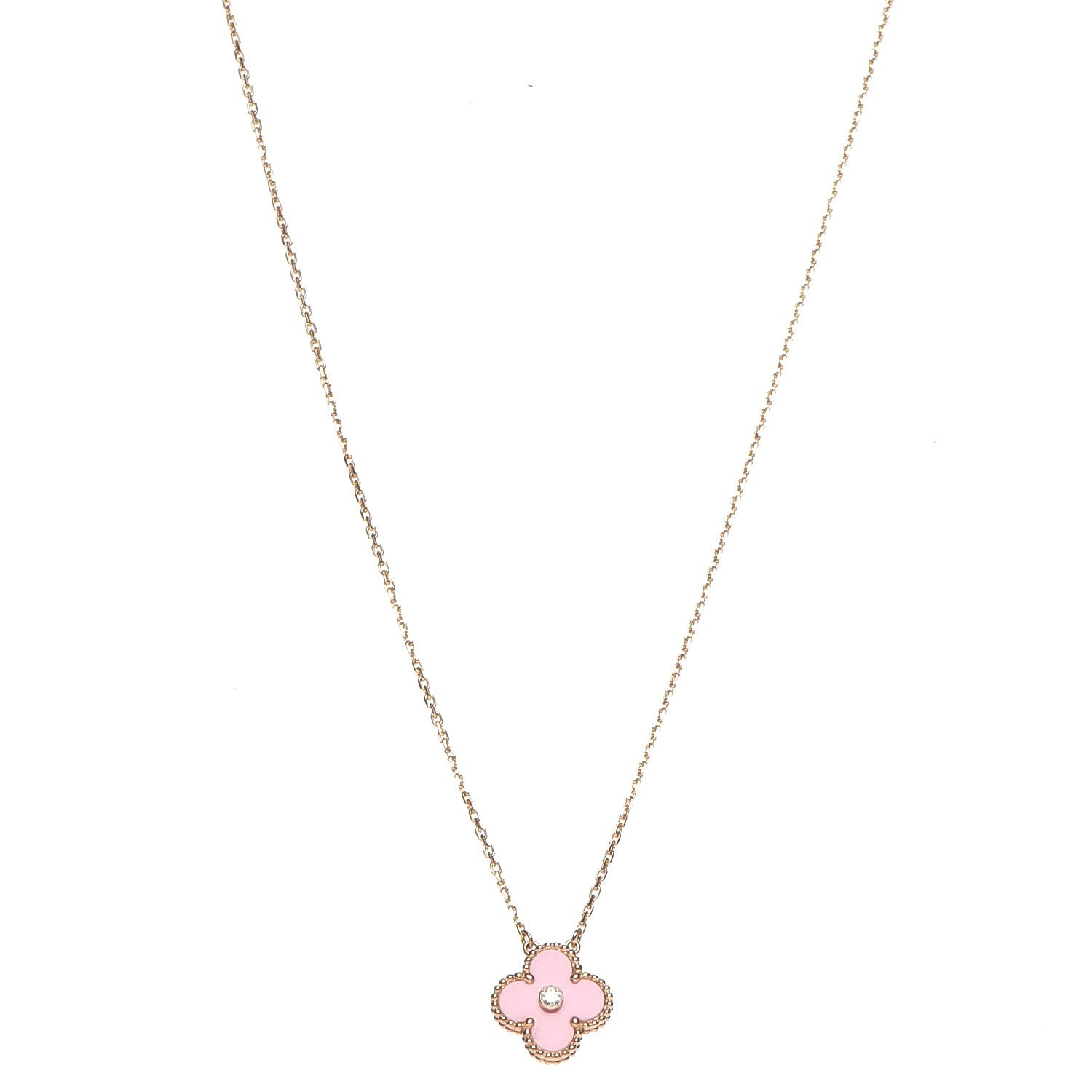 Van Cleef & Arpels 18K Rose Gold Diamond Pink Porcelain Vintage Alhambra Pendant Necklace 1 of 8