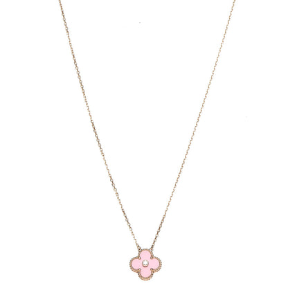 Van Cleef & Arpels 18K Rose Gold Diamond Pink Porcelain Vintage Alhambra Pendant Necklace 1 of 8