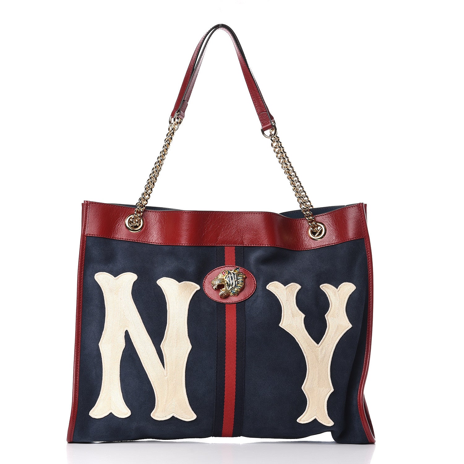 Gucci X MLB Suede Calfskin NY Yankees Large Rajah Chain Tote New Blue Romantic Cherry 3 of 13