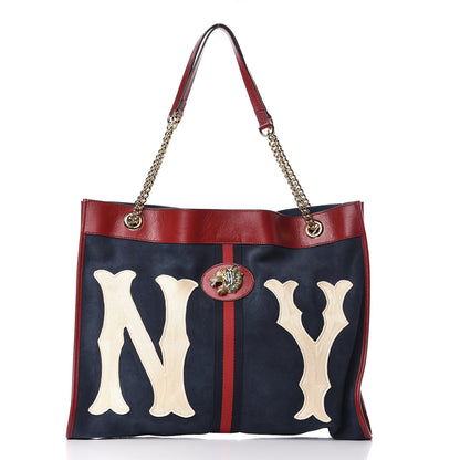 Gucci X MLB Suede Calfskin NY Yankees Large Rajah Chain Tote New Blue Romantic Cherry 3 of 13