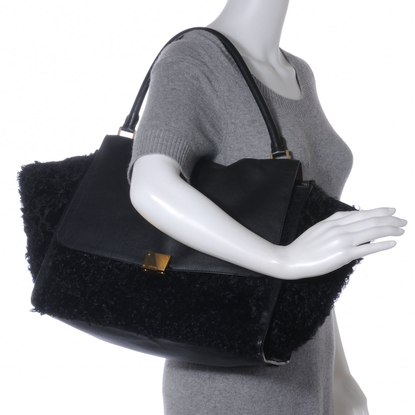 Calfskin and Curly Lamb Small Trapeze Black