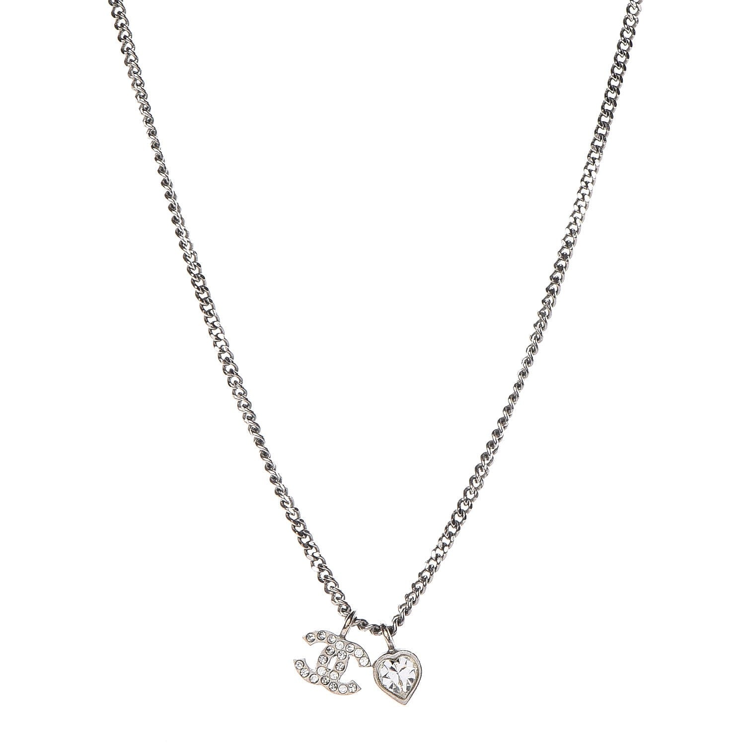 Chanel Crystal Mini Heart CC Necklace Silver 1 of 8