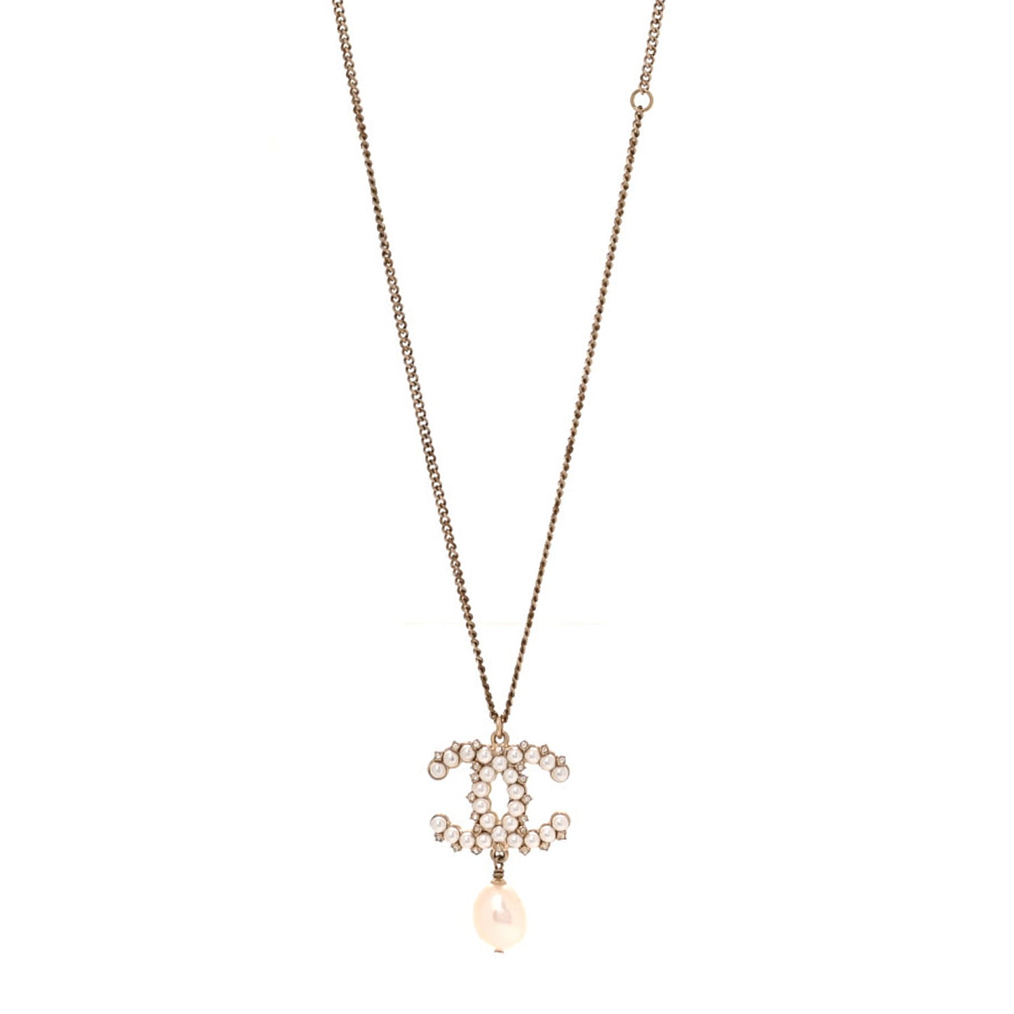 Crystal Pearl CC Drop Necklace Gold