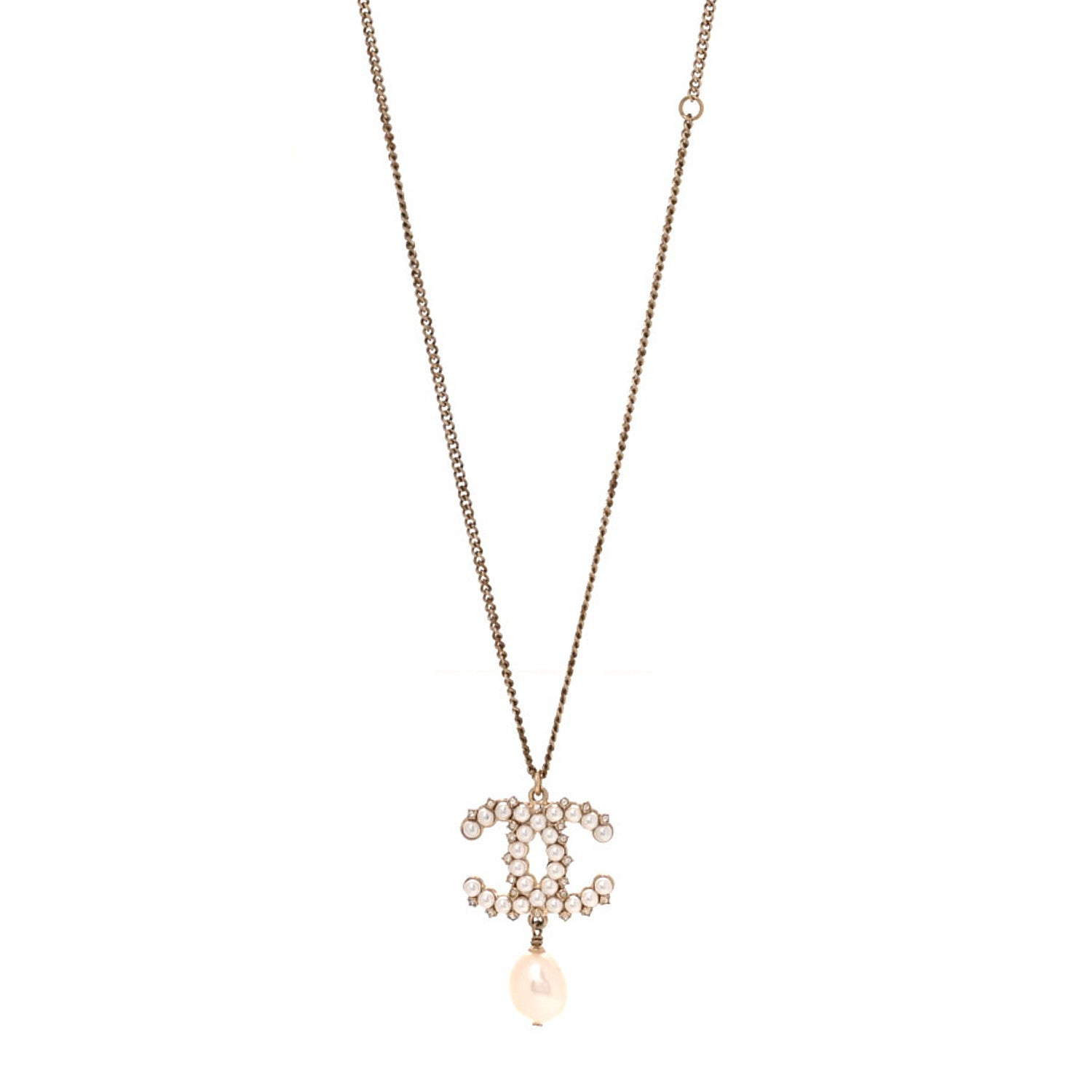 Chanel Crystal Pearl CC Drop Necklace Gold 1 of 5