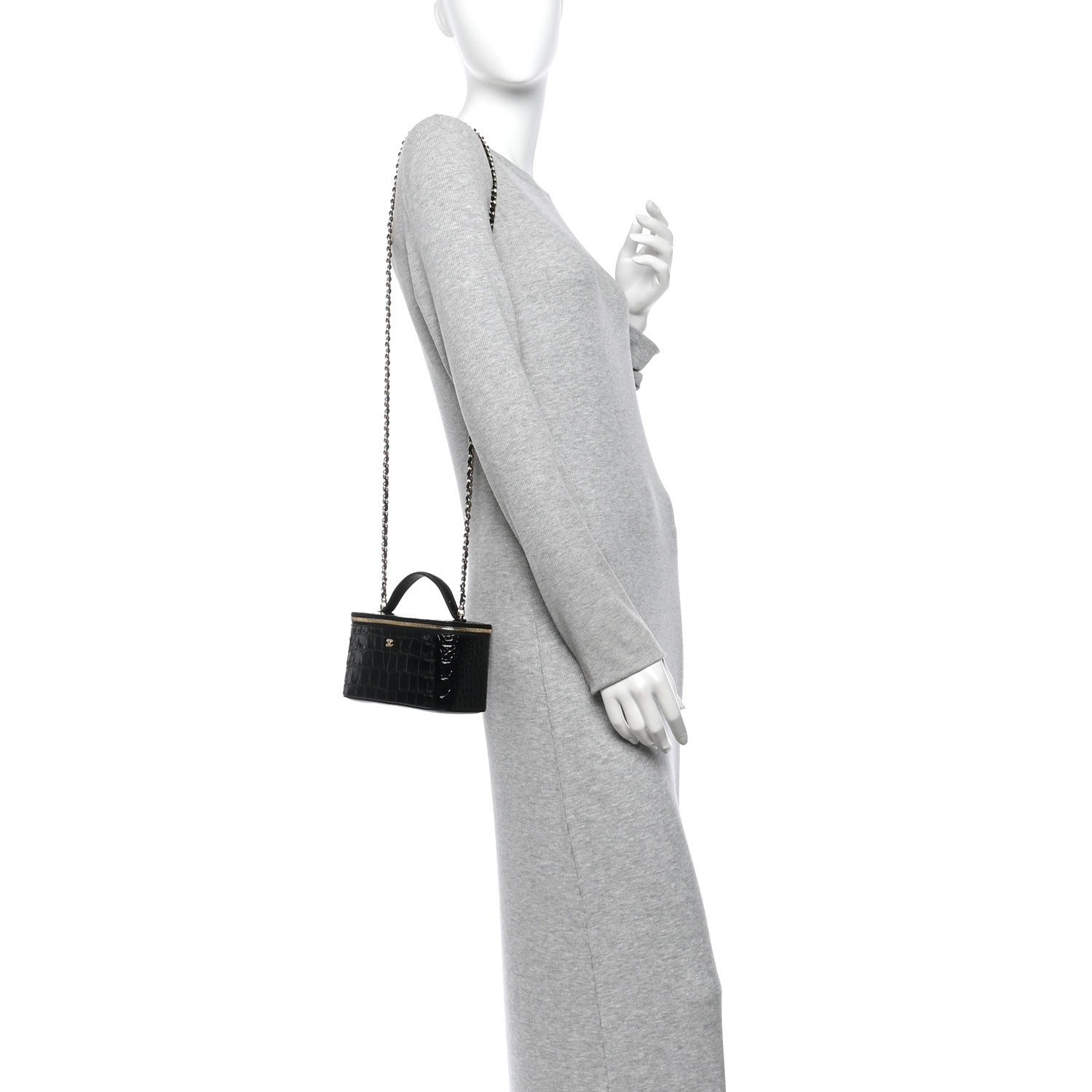 Chanel Calfskin Crocodile Embossed Crococo Small Top Handle Vanity Case With Chain Black 2 of 11