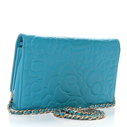 Chanel Lambskin Camellia Embossed Wallet On Chain WOC Turquoise 2 of 9