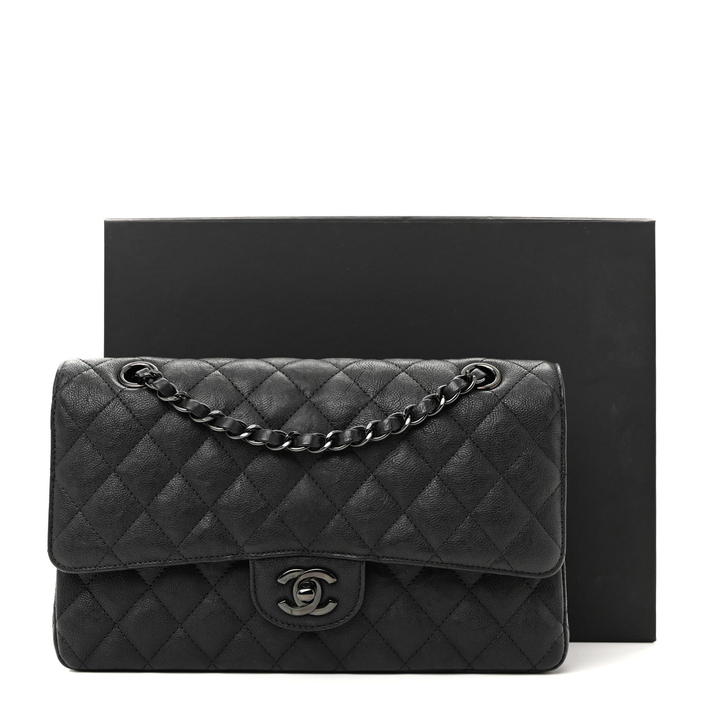 Crumpled Calfskin Quilted Medium Double Flap So Black