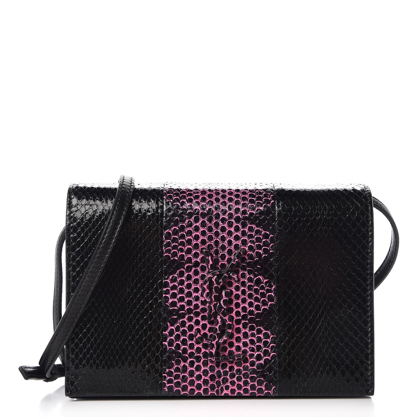 Snakeskin Two Tone Monogram Toy Kate Strap Wallet Black Fuchsia