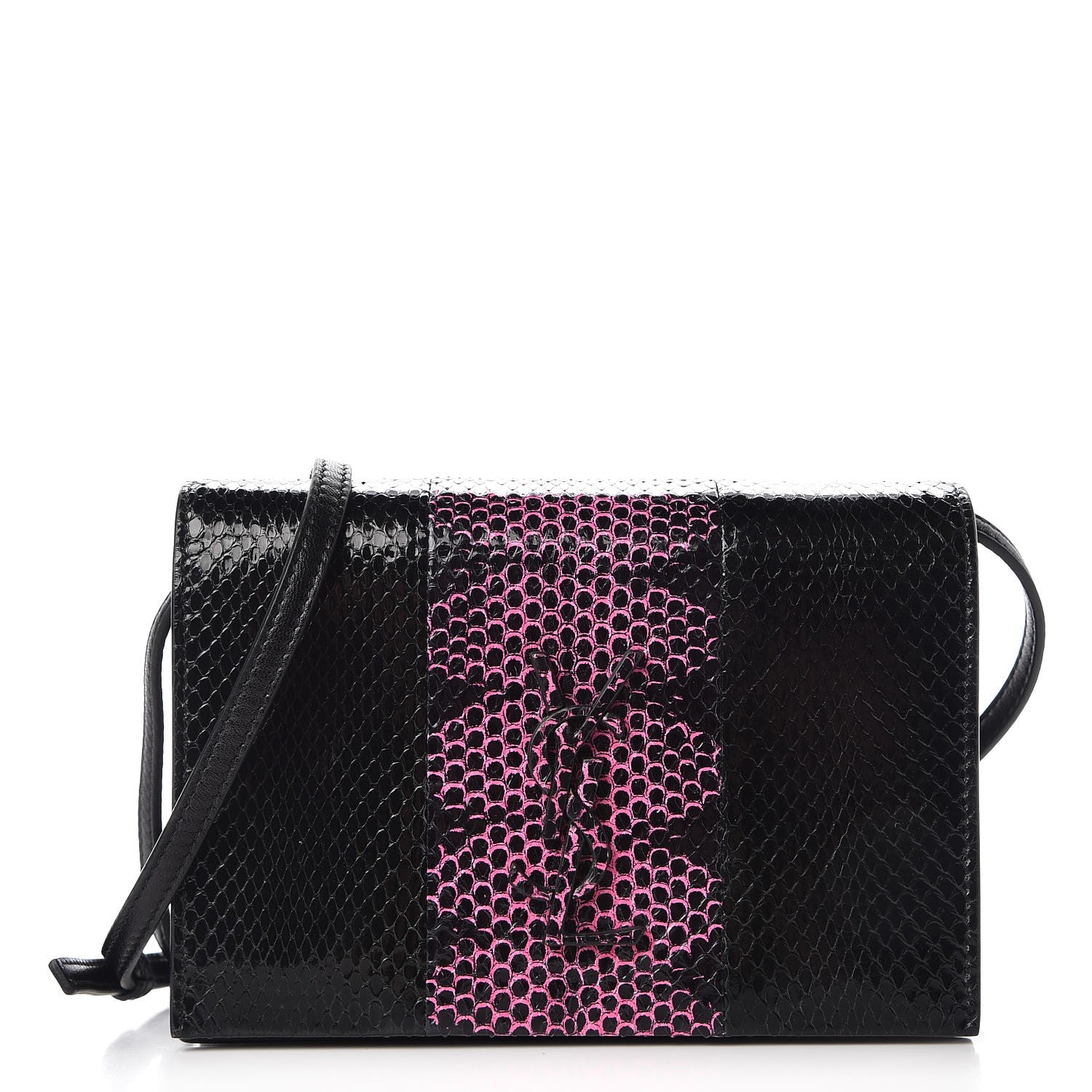 Saint Laurent Snakeskin Two Tone Monogram Toy Kate Strap Wallet Black Fuchsia 1 of 7