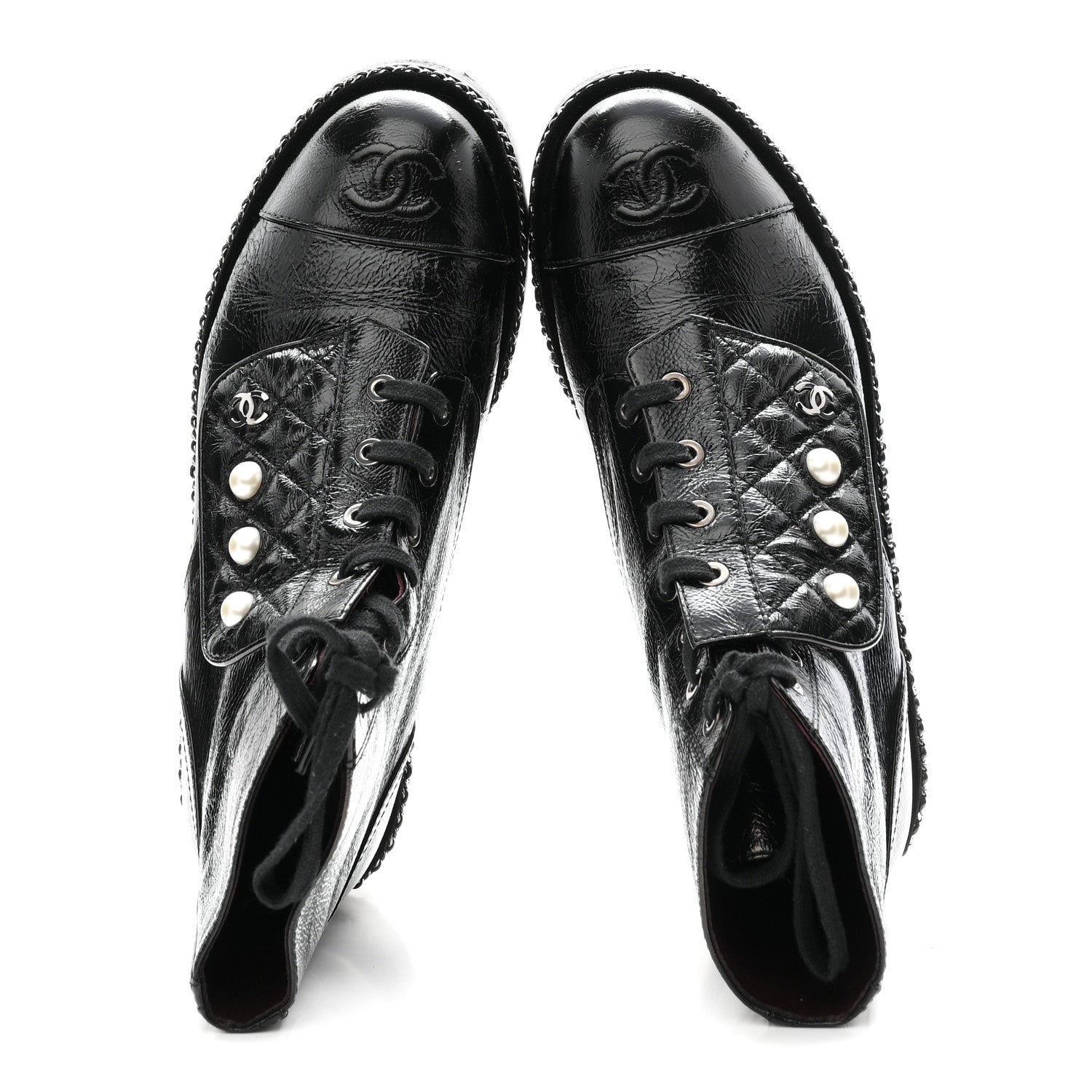Chanel Crackled Calfskin Velvet Pearl Combat Short Boots 38 Black 2 of 10